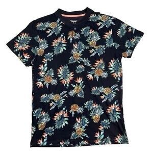 Voyage Craft Flow Mens Pineapple Floral Short Sleeve Henley‎ Shirt Navy M Casual